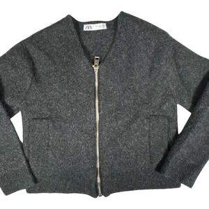 Zara Wool Blend Knit Bomber Cardigan Zip Up Sweater Gray Size‎ S